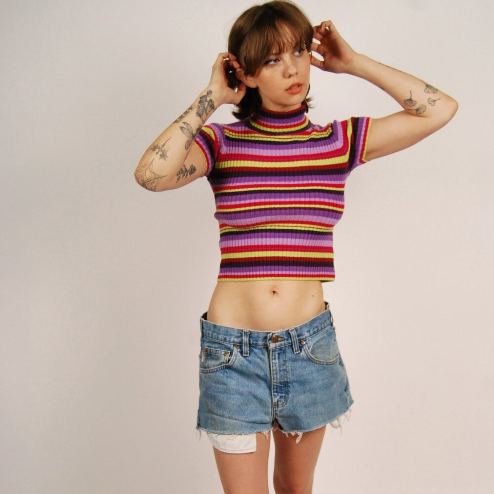 Y2K Striped Turtleneck (S) small vintage purple green short sleeve crop top